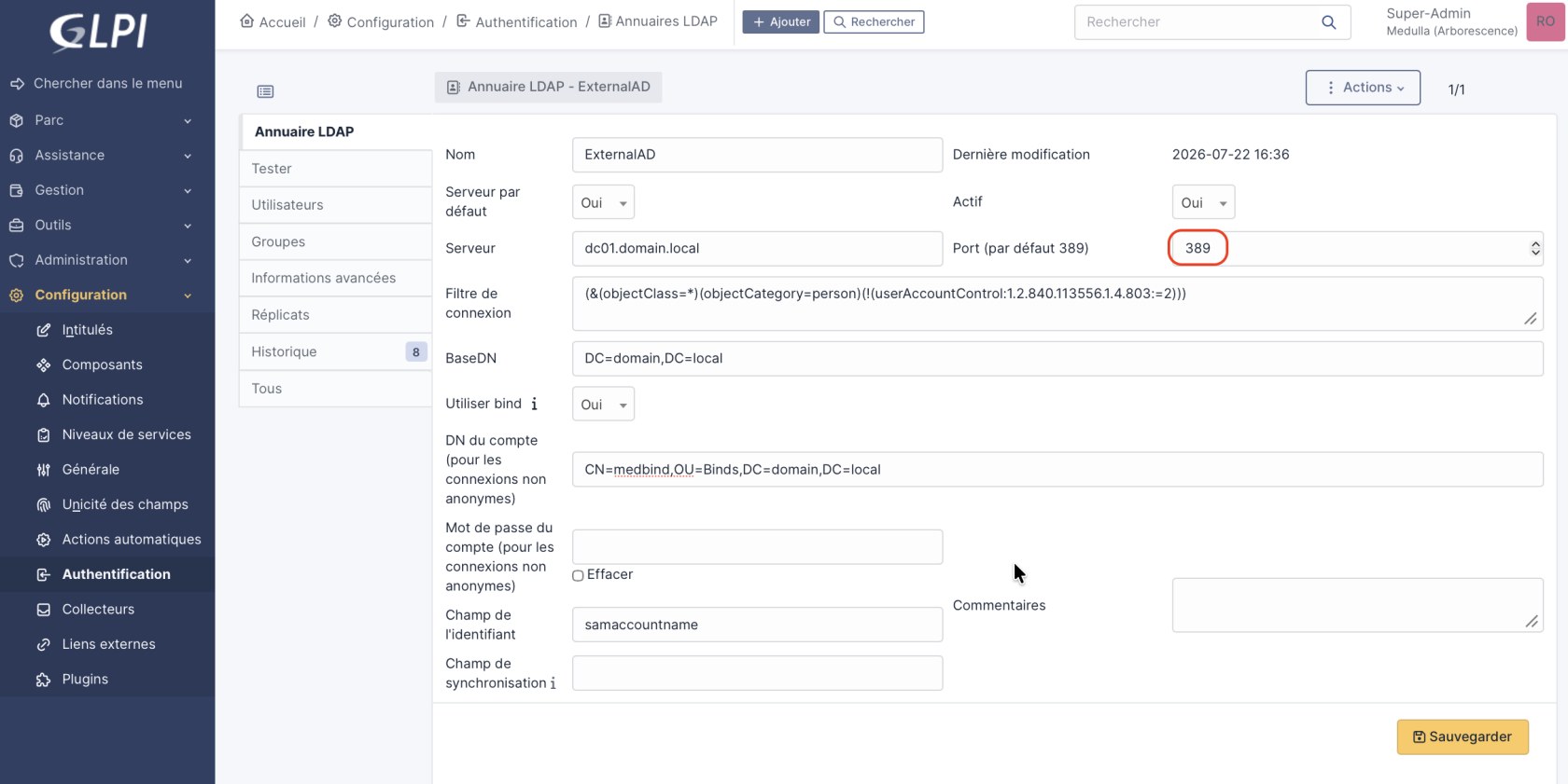 Accès à la configuration des annuaires LDAP dans le GLPI embarqué par Medulla