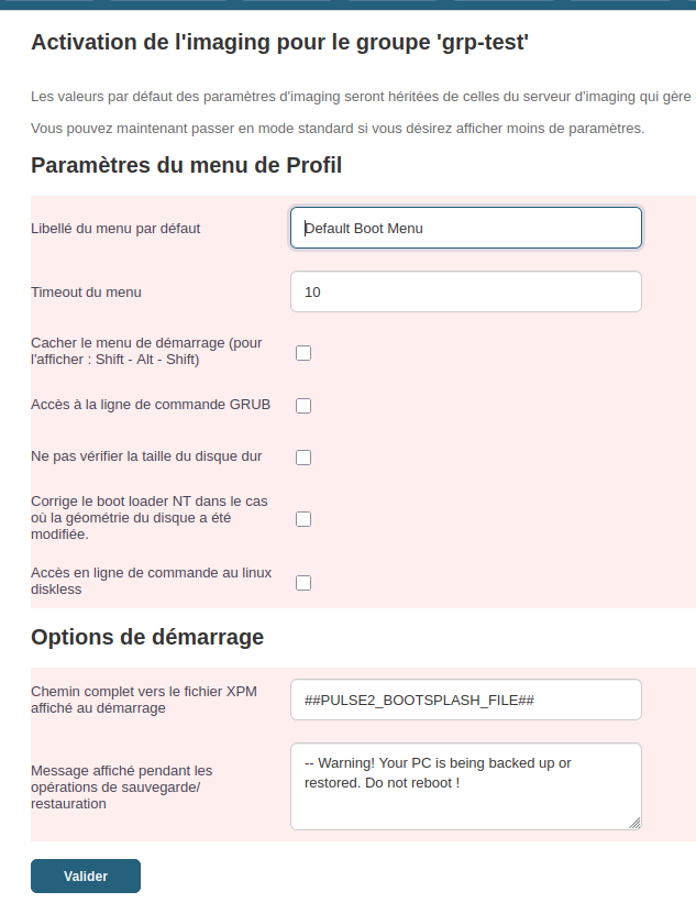 Configuration des paramètres par défaut du groupe d'imaging